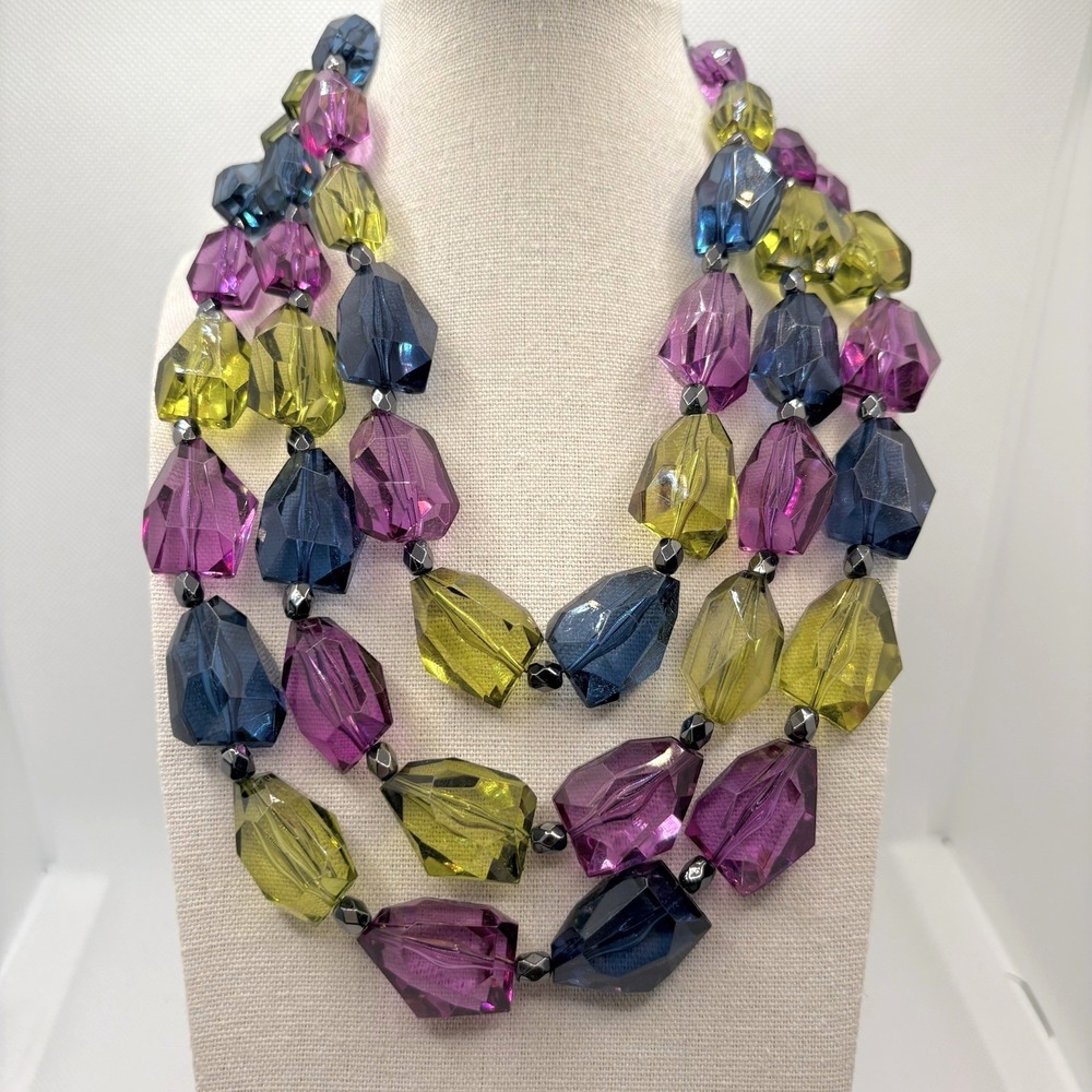 Vintage Joan Rivers Chunky Acrylic Triple Strand Necklace Green Blue Purple 18"